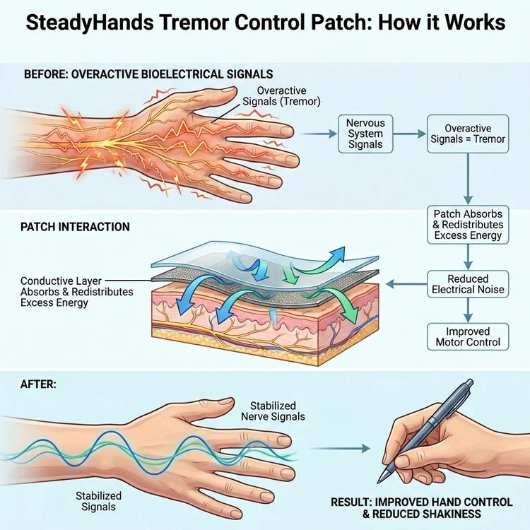 Diagram showing bioelectrical signaling between nerves and hand muscles