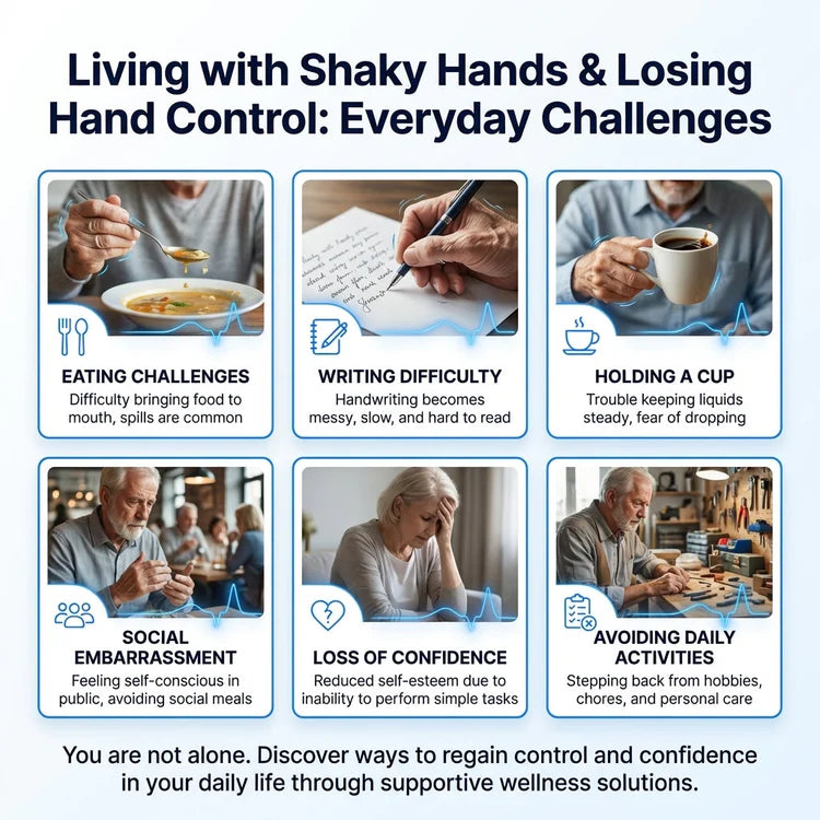 An older adult struggling to hold a cup with shaky hands at the breakfast table